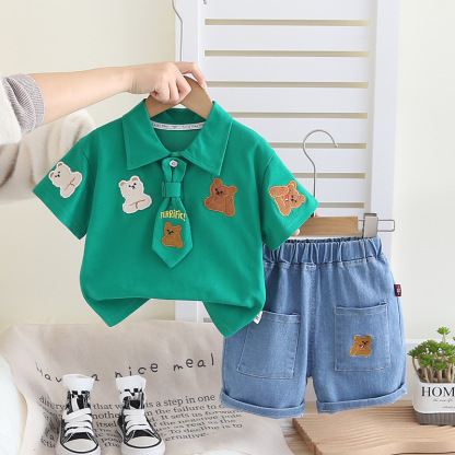 2pcs Bear Embroidery and Tie Detail Denim Shorts Set