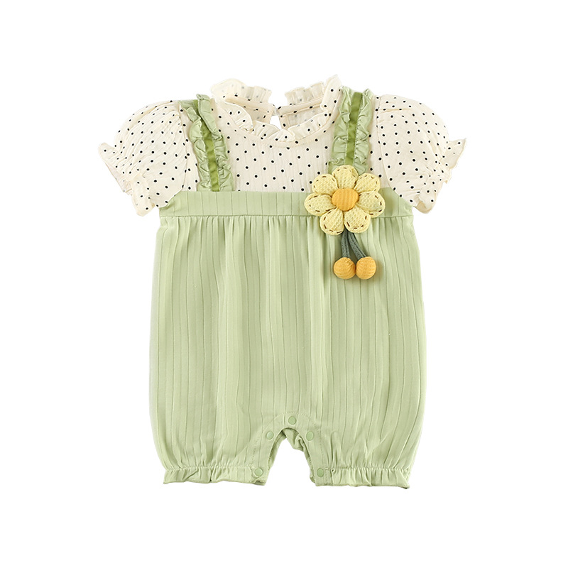 Polka Dot Top Green Suspenders Fake Two-piece Baby Romper