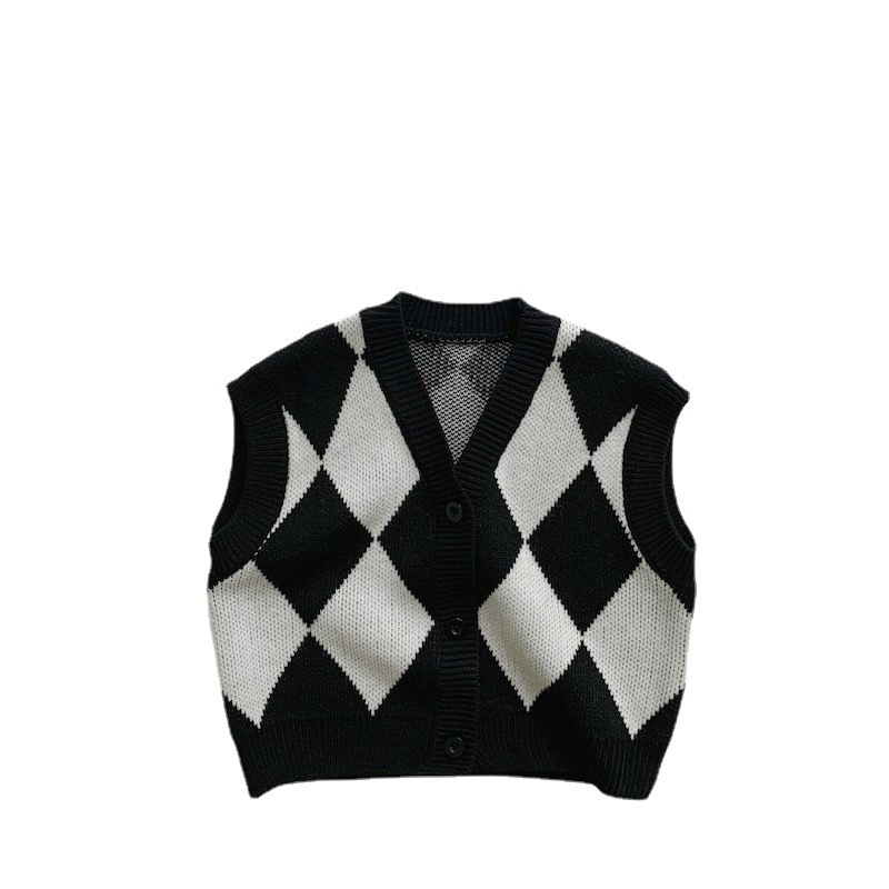 Baby V-Neck Pullover Black And White Check Vest