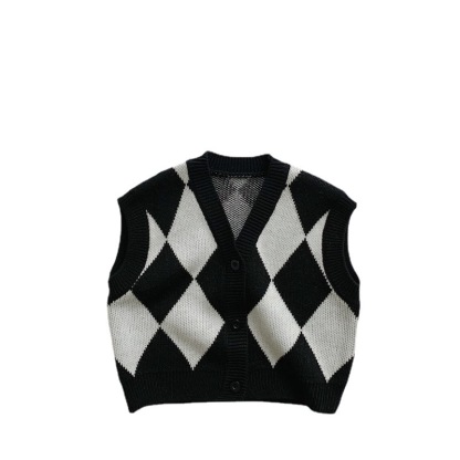 Baby V-Neck Pullover Black And White Check Vest