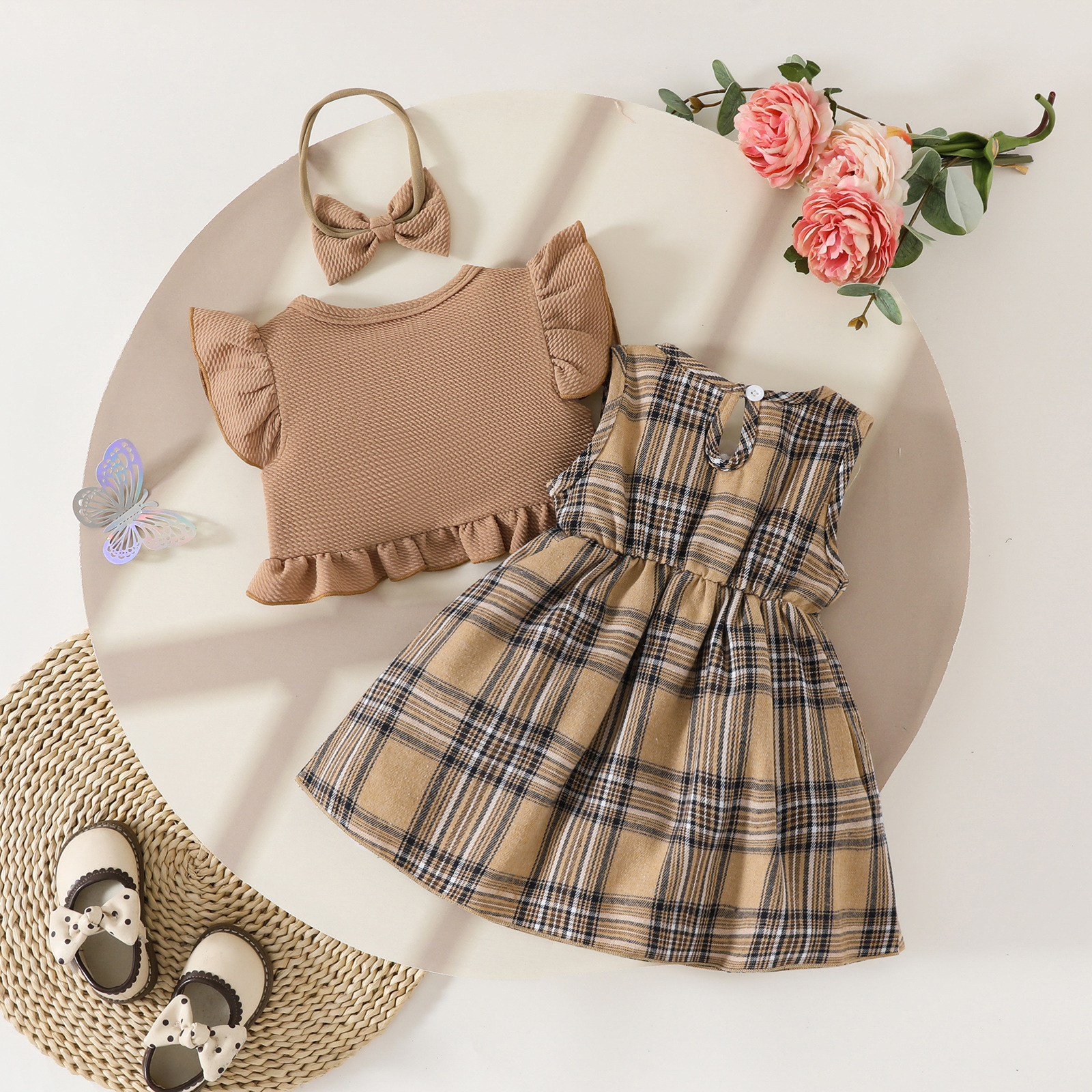 2pcs Baby Girl Ruffled Top Plaid Bow Dress Set with Hairband