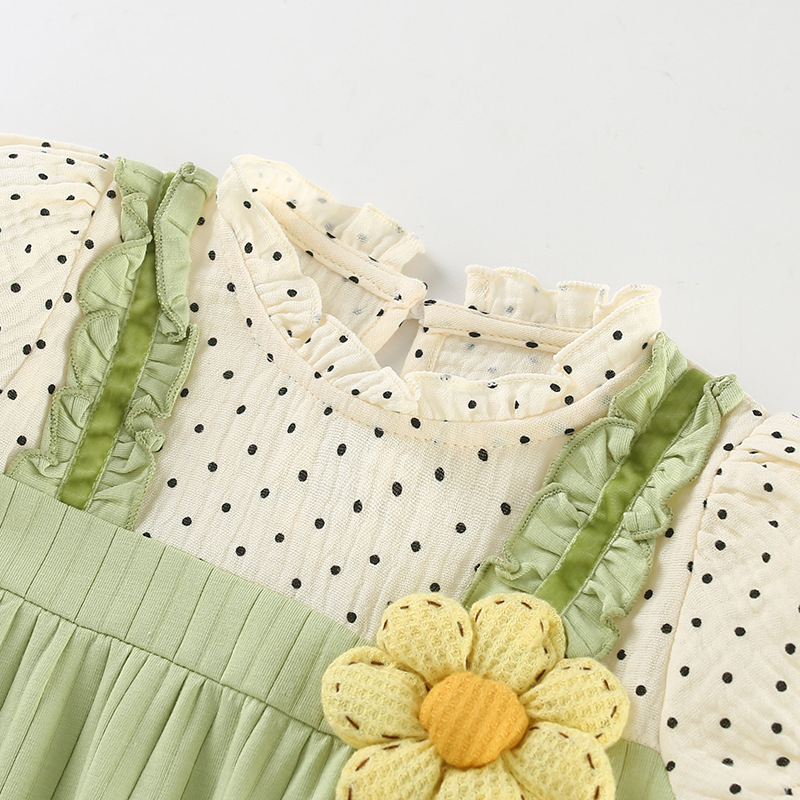 Polka Dot Top Green Suspenders Fake Two-piece Baby Romper