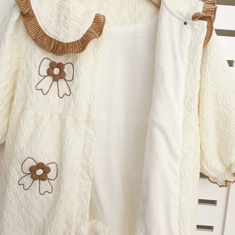 Baby Girl Brown Trimmed Collar and Bow Embroidery Romper