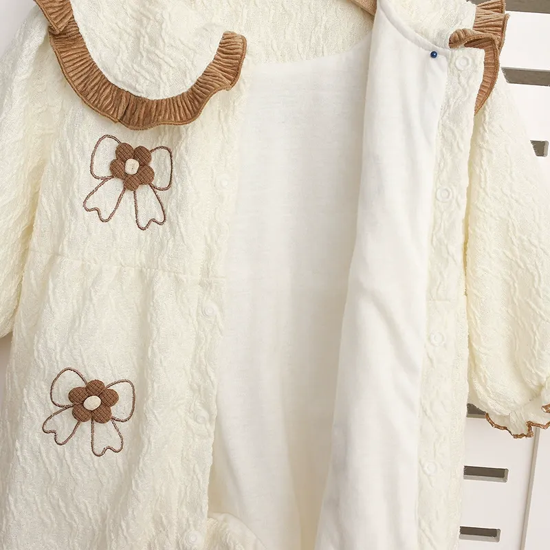 Baby Girl Brown Trimmed Collar and Bow Embroidery Romper