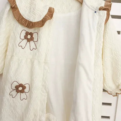 Baby Girl Brown Trimmed Collar and Bow Embroidery Romper