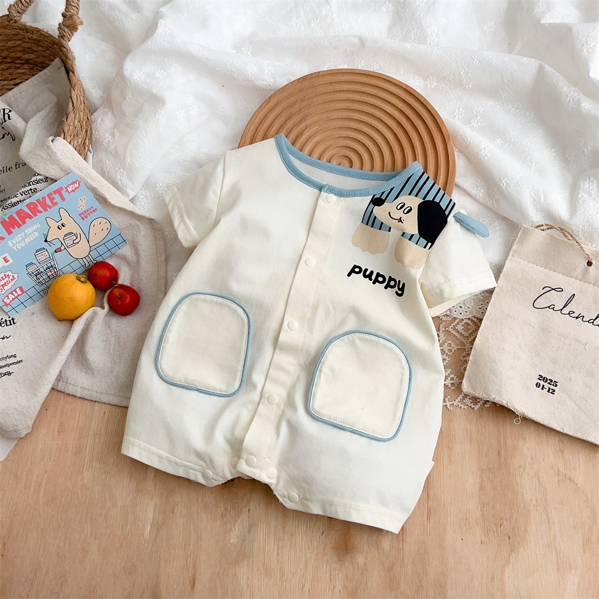 Short Sleeve Puppy-themed Pocket Details Baby Romper