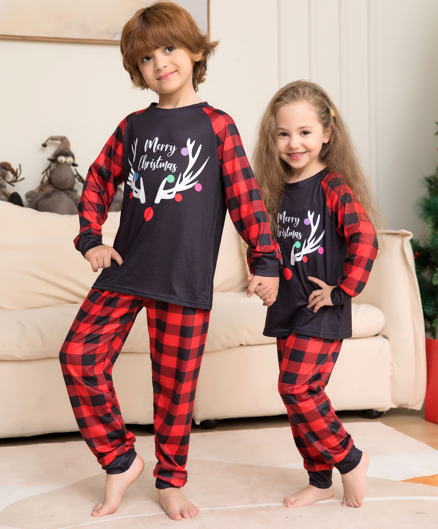 Matching Christmas Pajamas Deer Plaid Long-sleeve Pajamas Sets