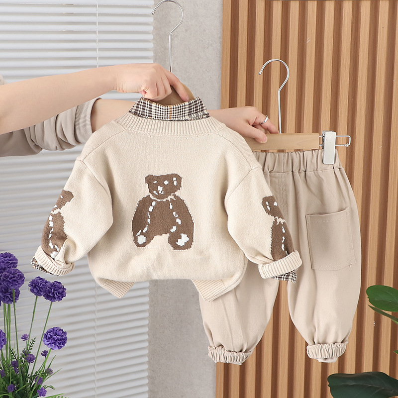 3pcs Toddler Boy Bear Printed Top and Pant Set