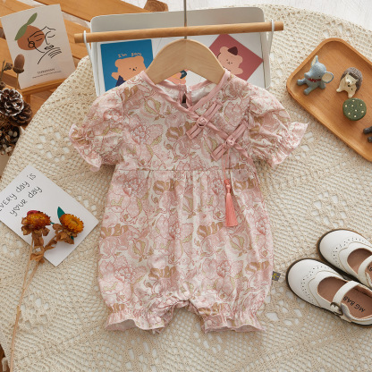 Floral Patterned Puffed Sleeves and Tassel Decoration Baby Romper