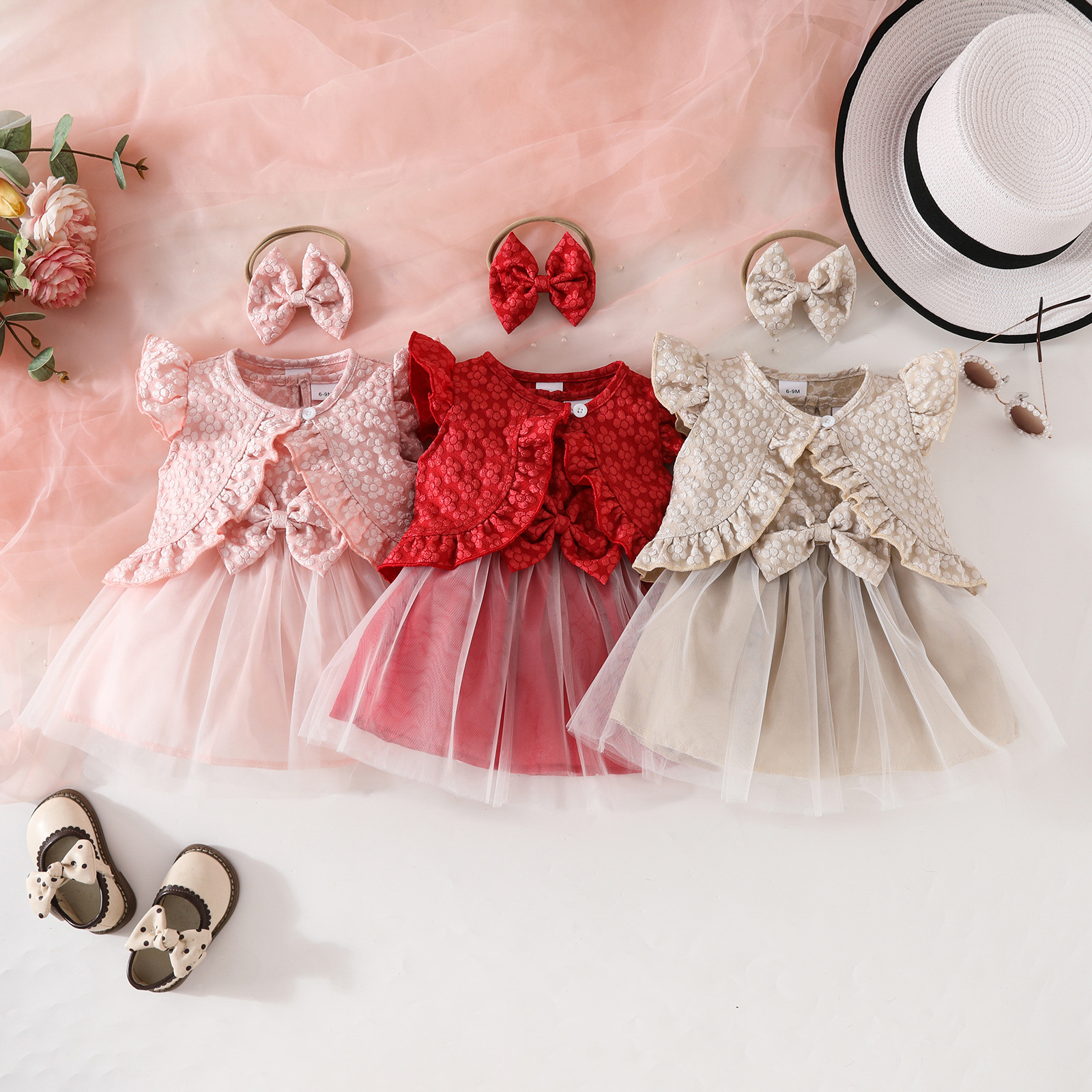 2pcs Baby Girl Red Ruffled Top Bow Mesh Dress Set with Hairband