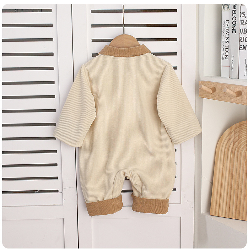 Brown Collar and Smile Emblem Corduroy Romper