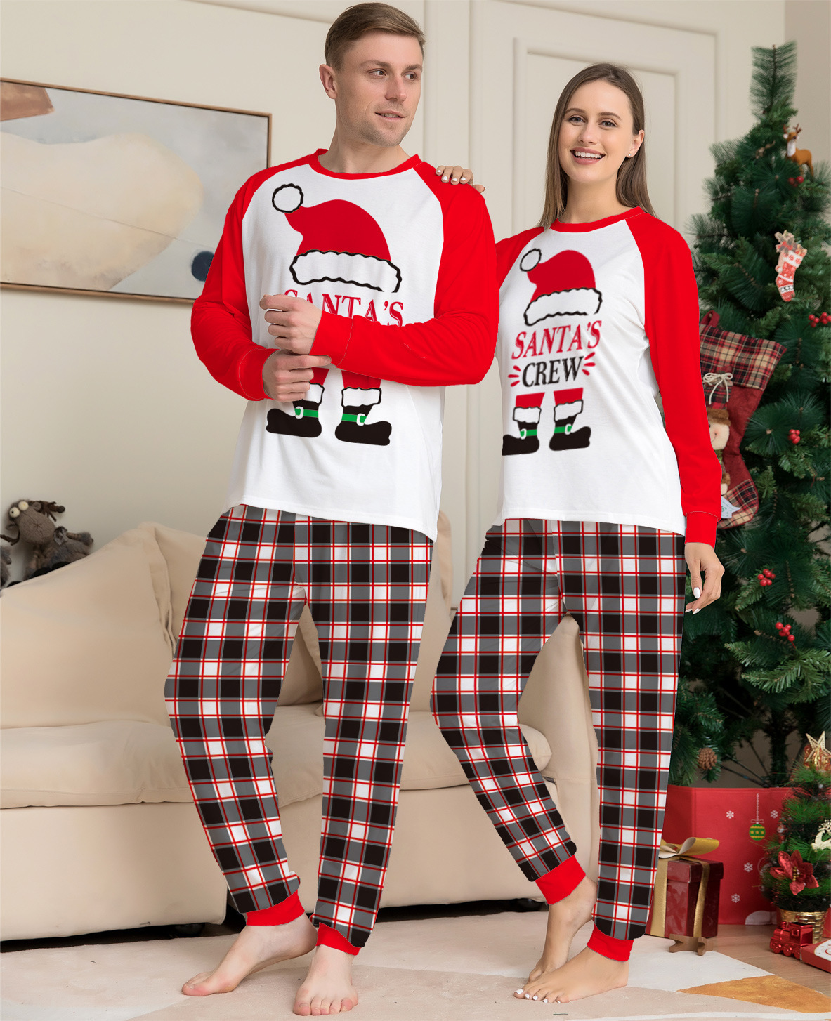 Matching Christmas Pajamas Plaid Letter Long-sleeve Pajamas Sets