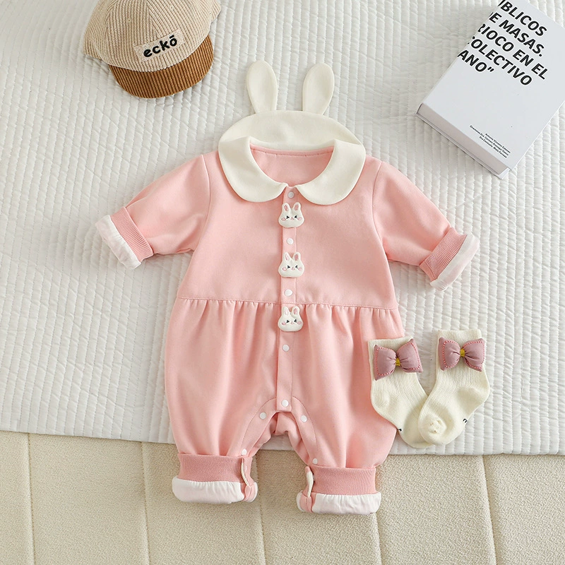 Baby Girl Bunny Themed with Rabbit Shaped Buttons  Rompers