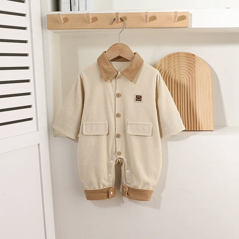 Brown Collar and Smile Emblem Corduroy Romper