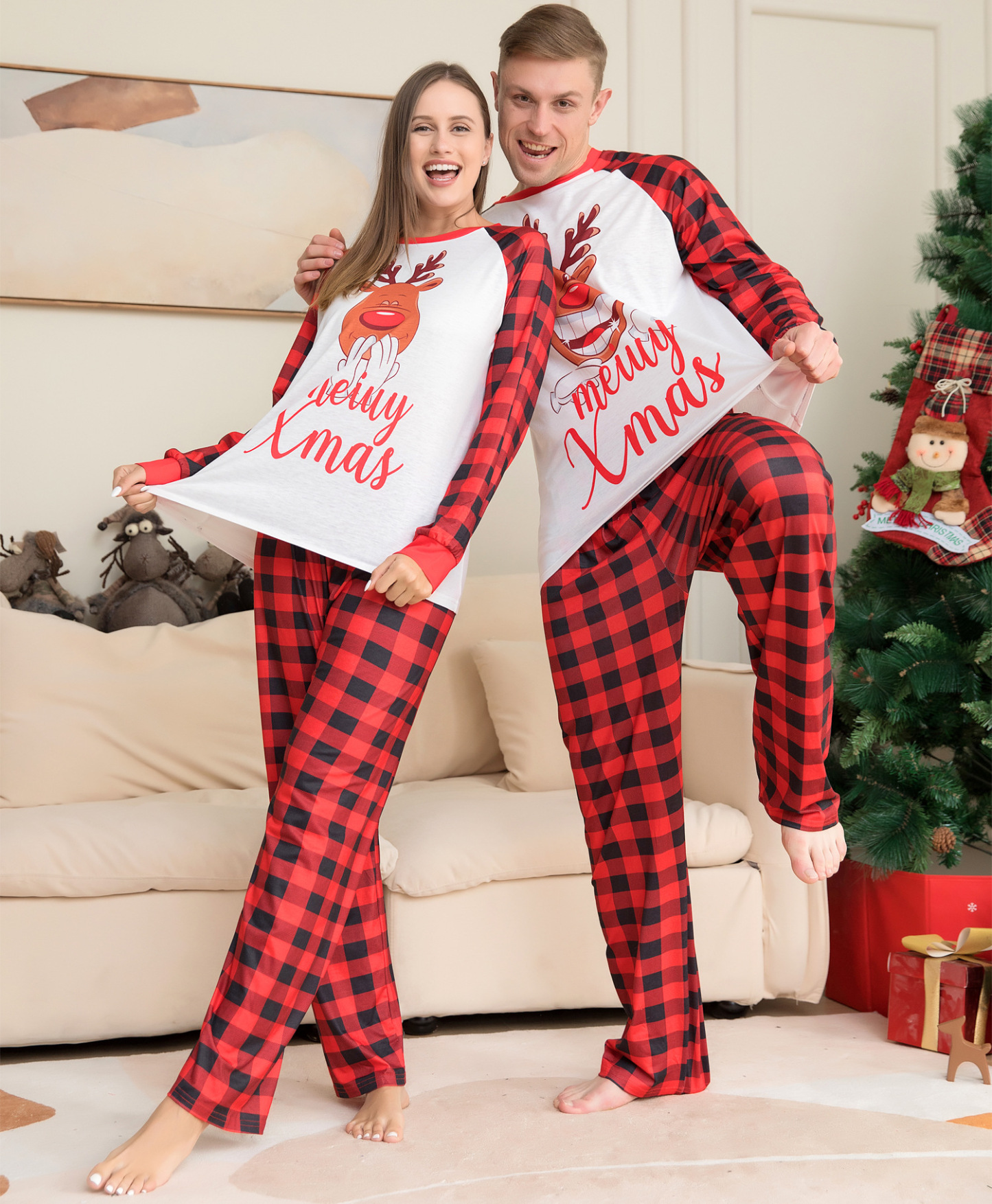 Matching Christmas Pajamas Deer Plaid Long-sleeve Pajamas Sets