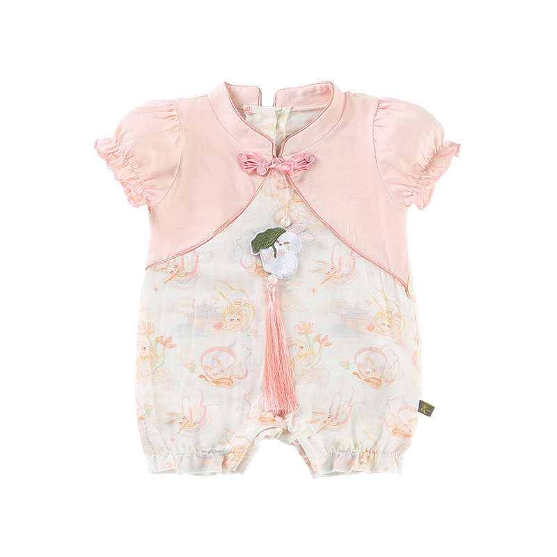 Rabbit Print Ruffled Sleeves and Tassel Decoration Baby Romper