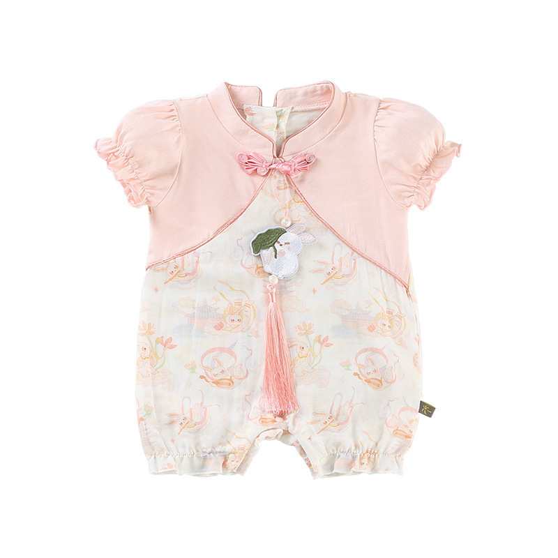 Rabbit Print Ruffled Sleeves and Tassel Decoration Baby Romper