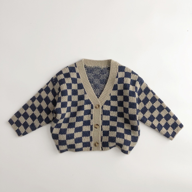 2pcs Baby Checkerboard Cardigan Knit Shorts Set