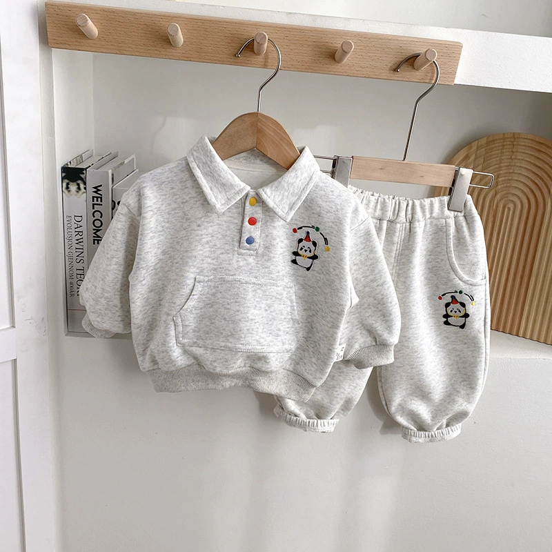 2pcs Panda Embroidered Polo Hoodie and Pants Set