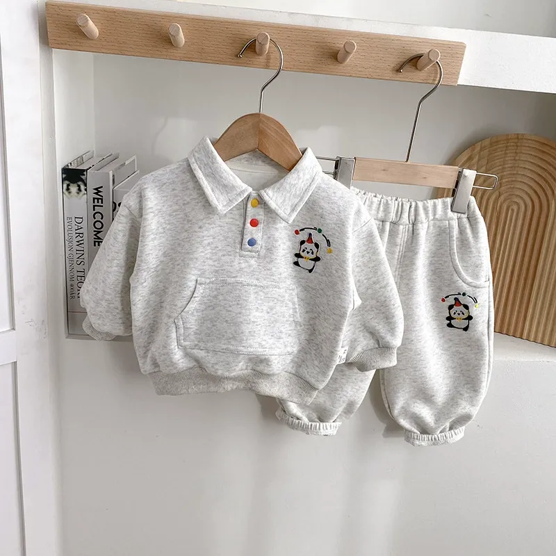 2pcs Panda Embroidered Polo Hoodie and Pants Set