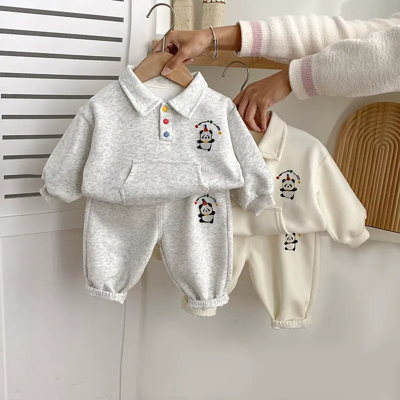 2pcs Panda Embroidered Polo Hoodie and Pants Set