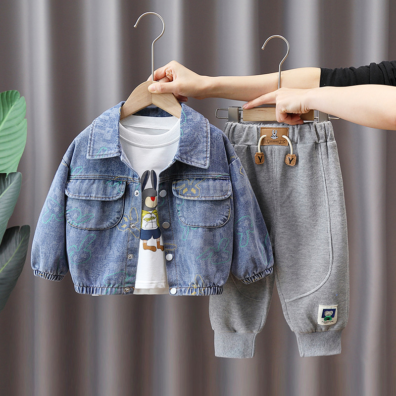 3pcs Toddler Boy Denim Bunny Print Top and Pant Set