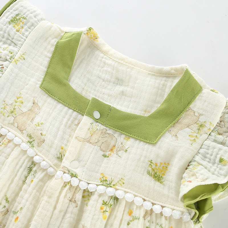 Elephant Print Green Collar and Ruffled Sleeves Baby Romper