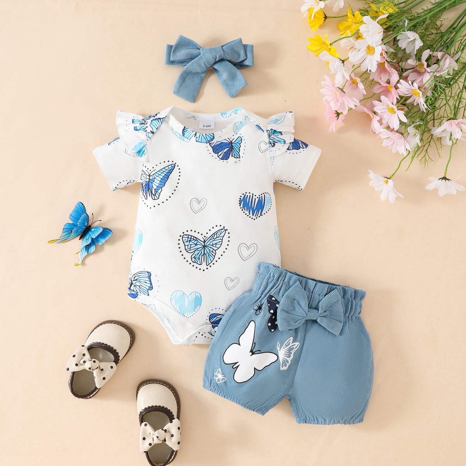 2pcs Baby Girl Butterfly Printed Bodysuit and Short Pant Set with Hairband