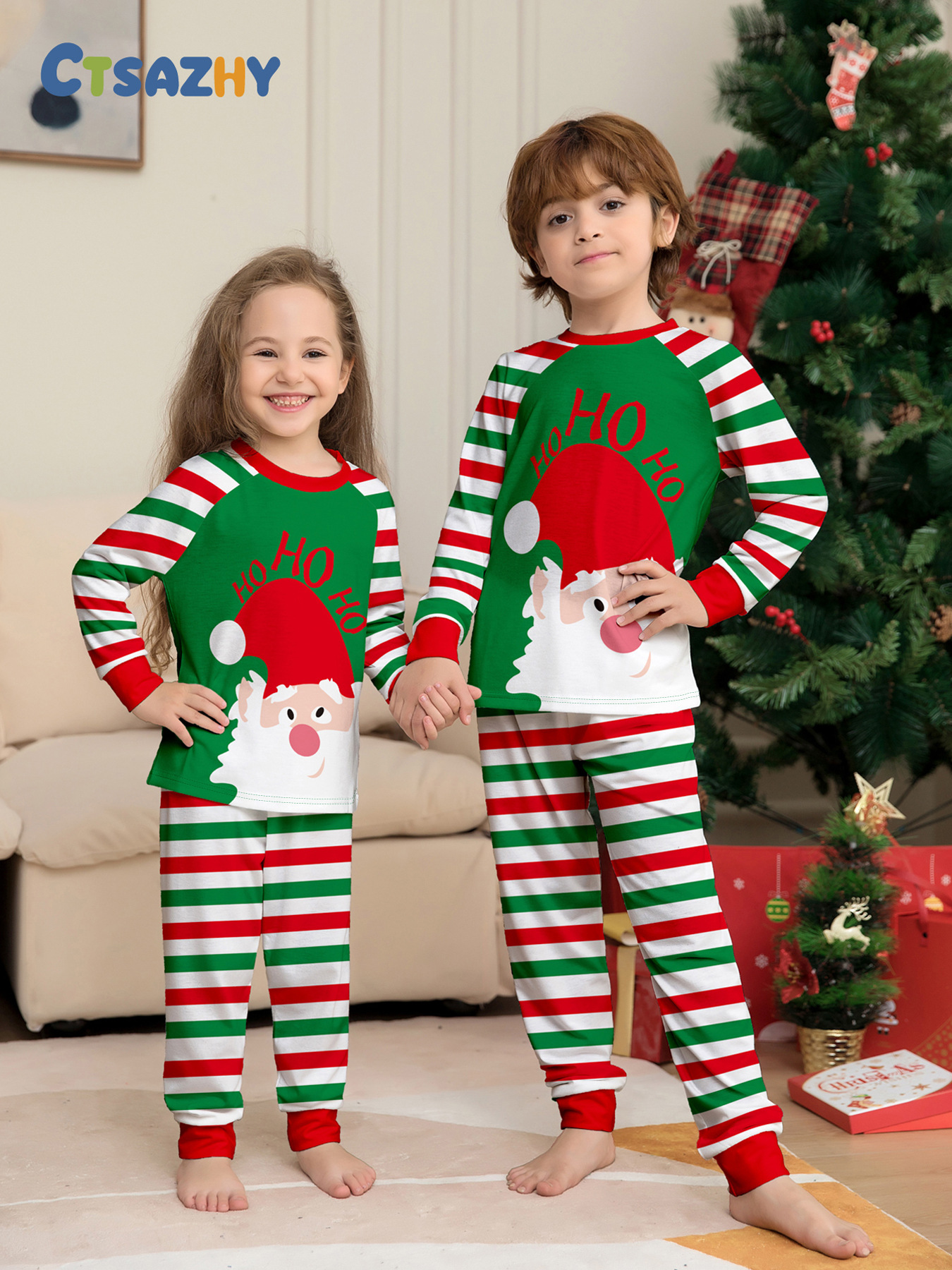 Matching Christmas Pajamas Santa Stripe Long-sleeve Pajamas Sets