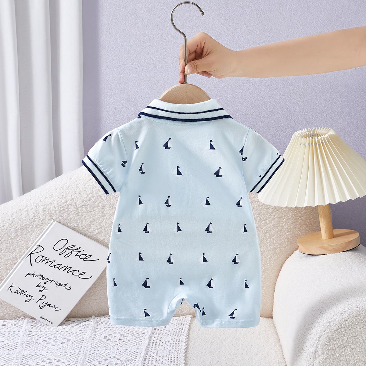 Sailor Collar and Sailboat Print Short-sleeved Baby Romper