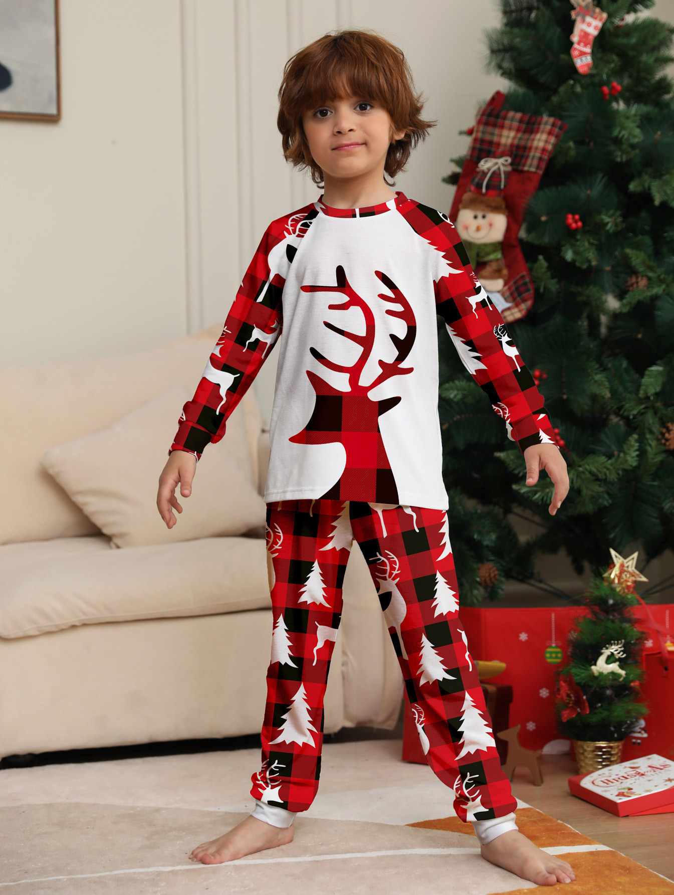 Matching Christmas Pajamas Deer Plaid Long-sleeve Pajamas Sets