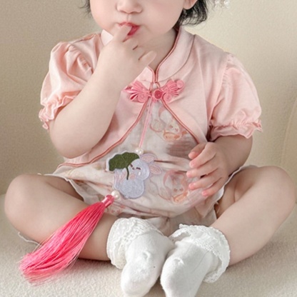 Rabbit Print Ruffled Sleeves and Tassel Decoration Baby Romper