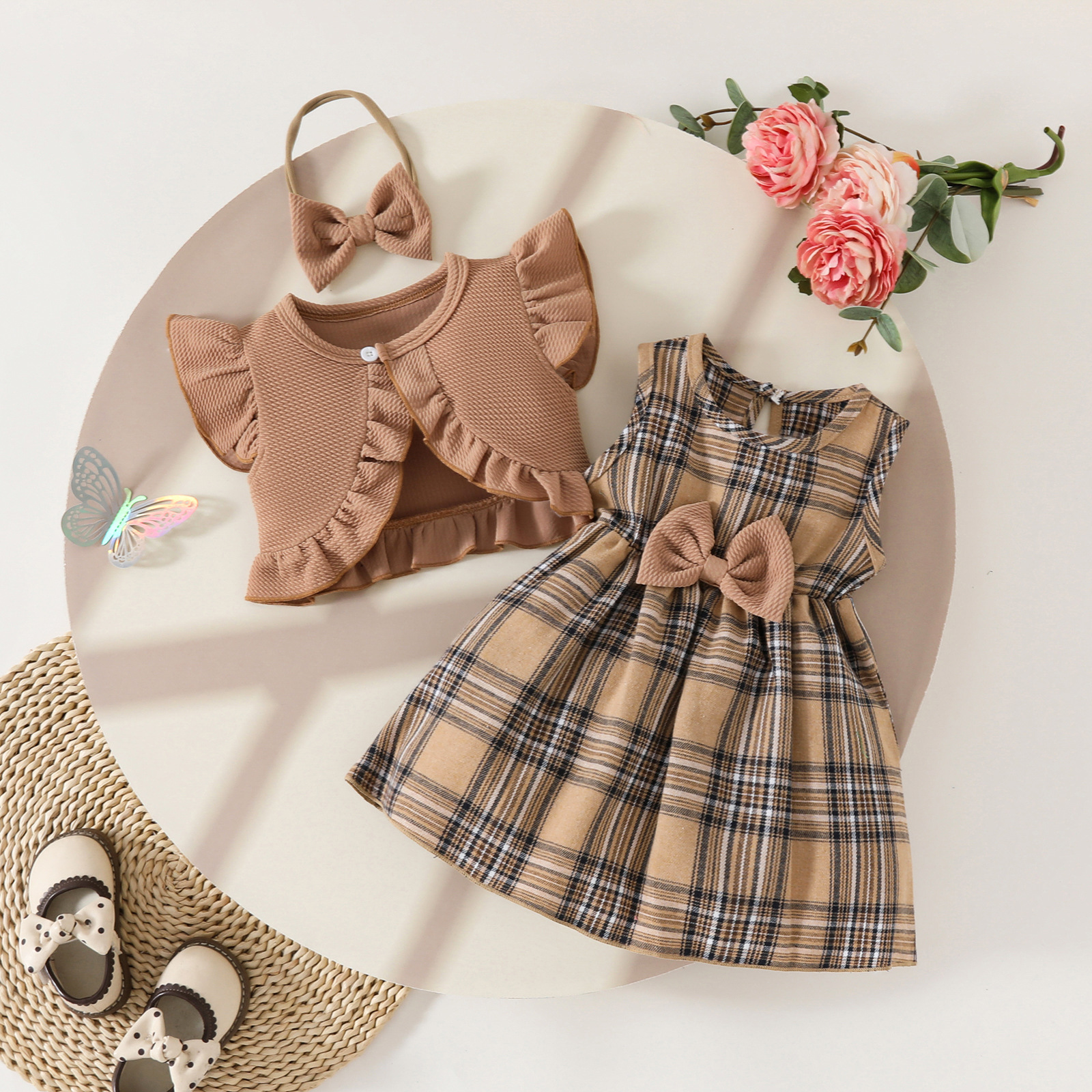 2pcs Baby Girl Ruffled Top Plaid Bow Dress Set with Hairband