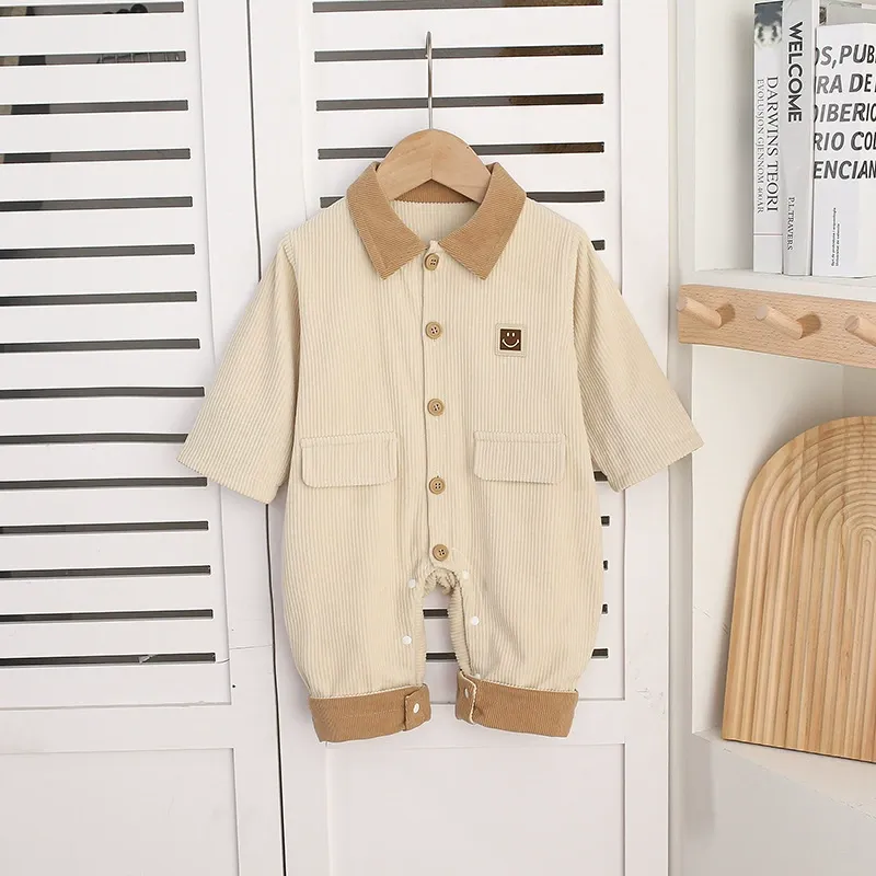 Brown Collar and Smile Emblem Corduroy Romper