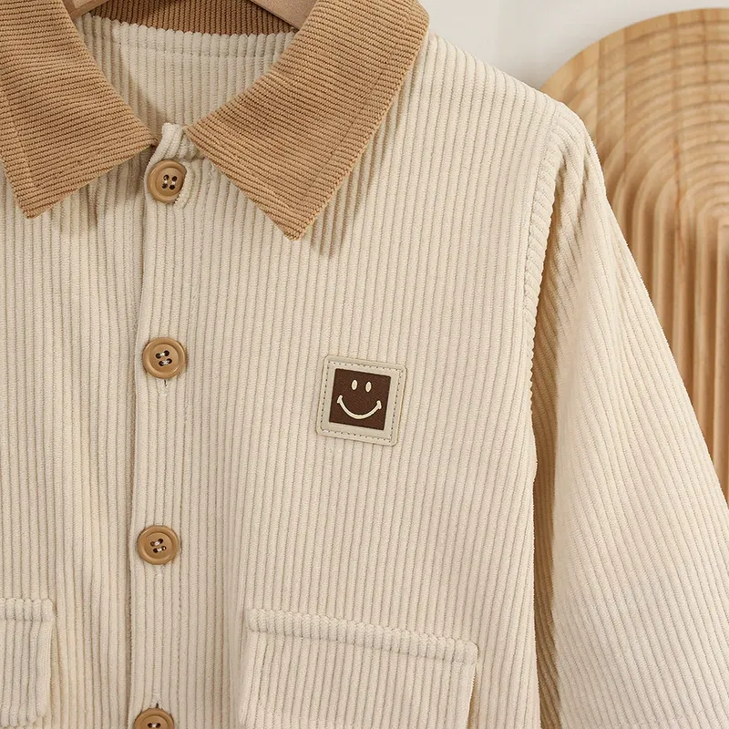 Brown Collar and Smile Emblem Corduroy Romper