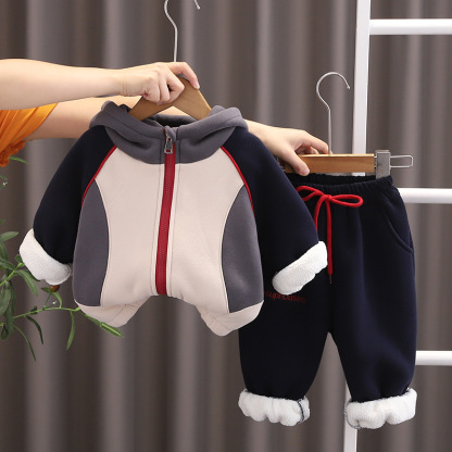 2pcs Toddler Boy Color Block Hooded Top and Pant Set