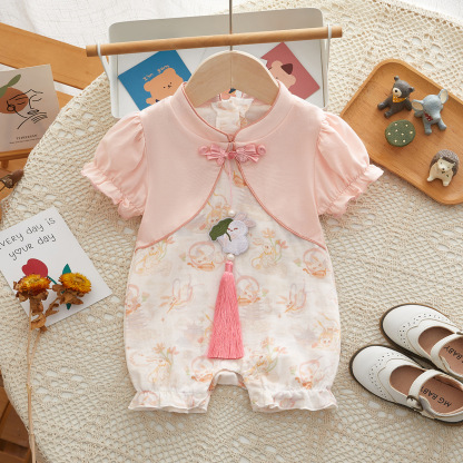 Rabbit Print Ruffled Sleeves and Tassel Decoration Baby Romper