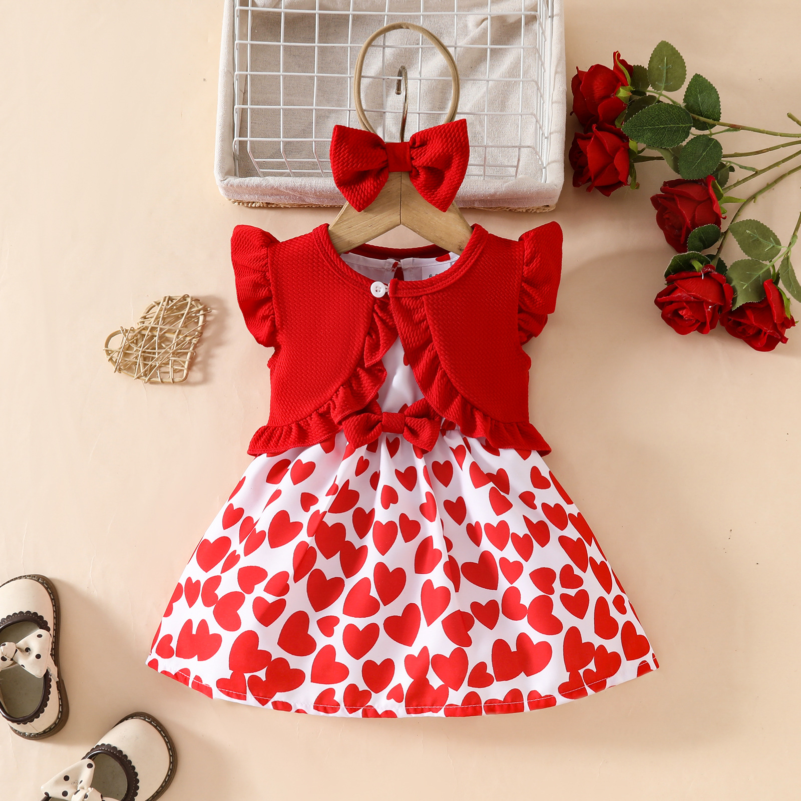 2pcs Baby Girl Ruffled Top Heart Dress Set with Hairband