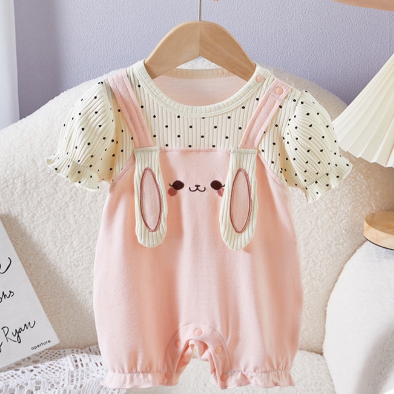 Fake Two-piece with Bunny Ear Straps Polka Dot Sleeves Romper