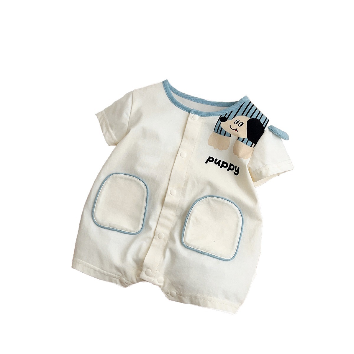 Short Sleeve Puppy-themed Pocket Details Baby Romper