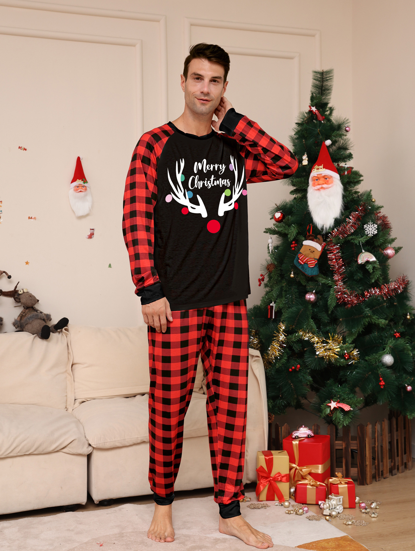 Matching Christmas Pajamas Deer Plaid Long-sleeve Pajamas Sets
