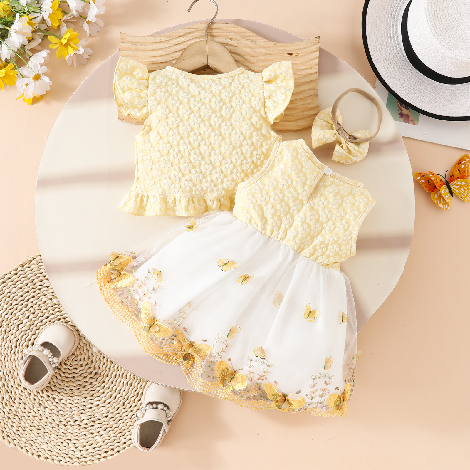 2pcs Baby Girl Yellow Ruffled Top Bow Mesh Dress Set with Hairband