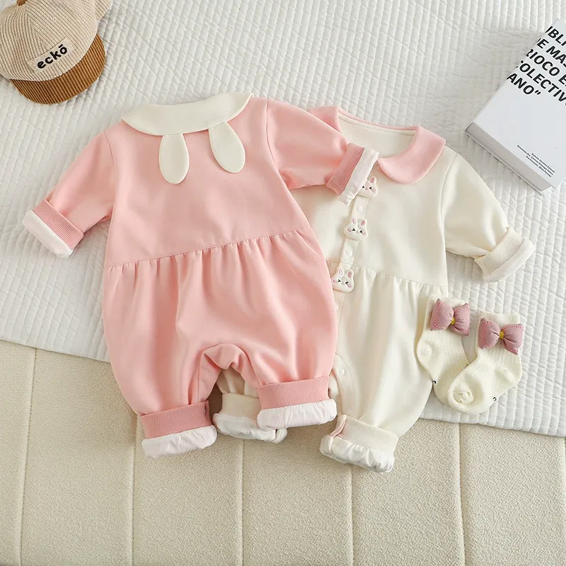 Baby Girl Bunny Themed with Rabbit Shaped Buttons Rompers