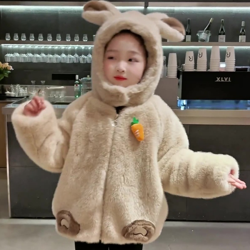 Baby Girl Cute Fluffy Rabbit Padded Fleece Double Layer Long Sleeve Ro