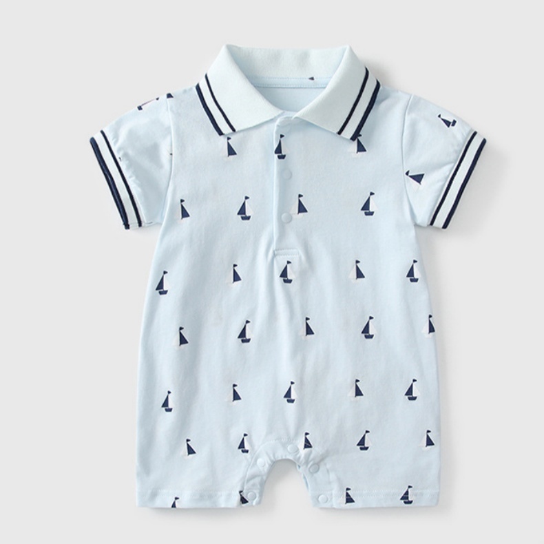 Sailor Collar and Sailboat Print Short-sleeved Baby Romper