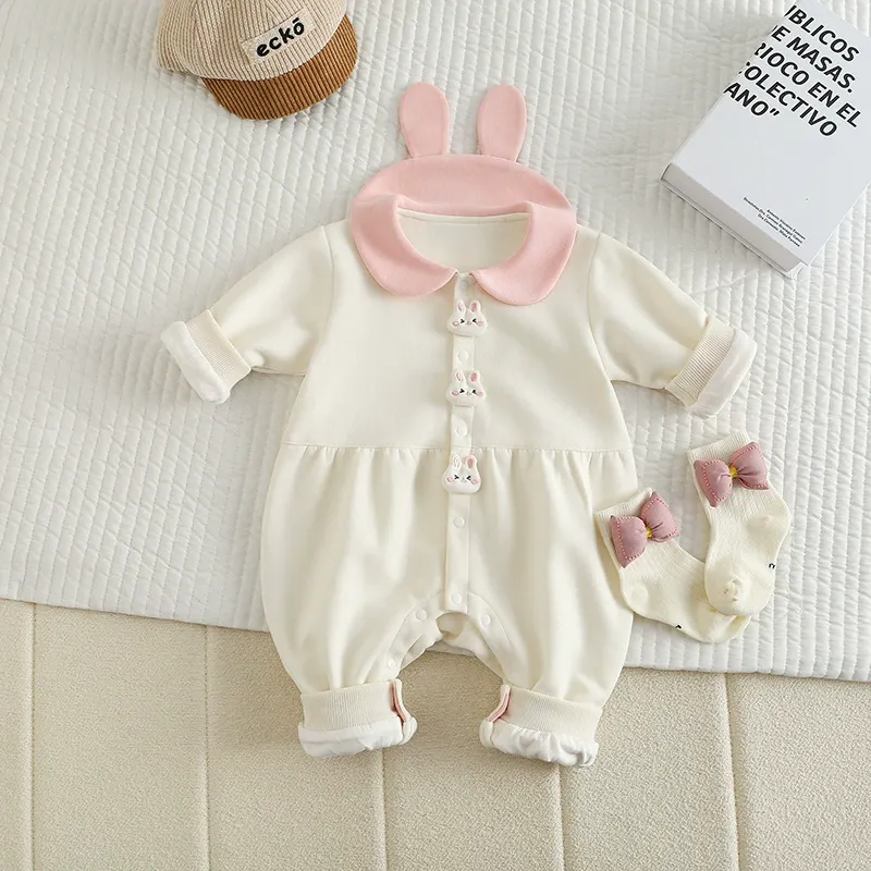 Baby Girl Bunny Themed with Rabbit Shaped Buttons Rompers