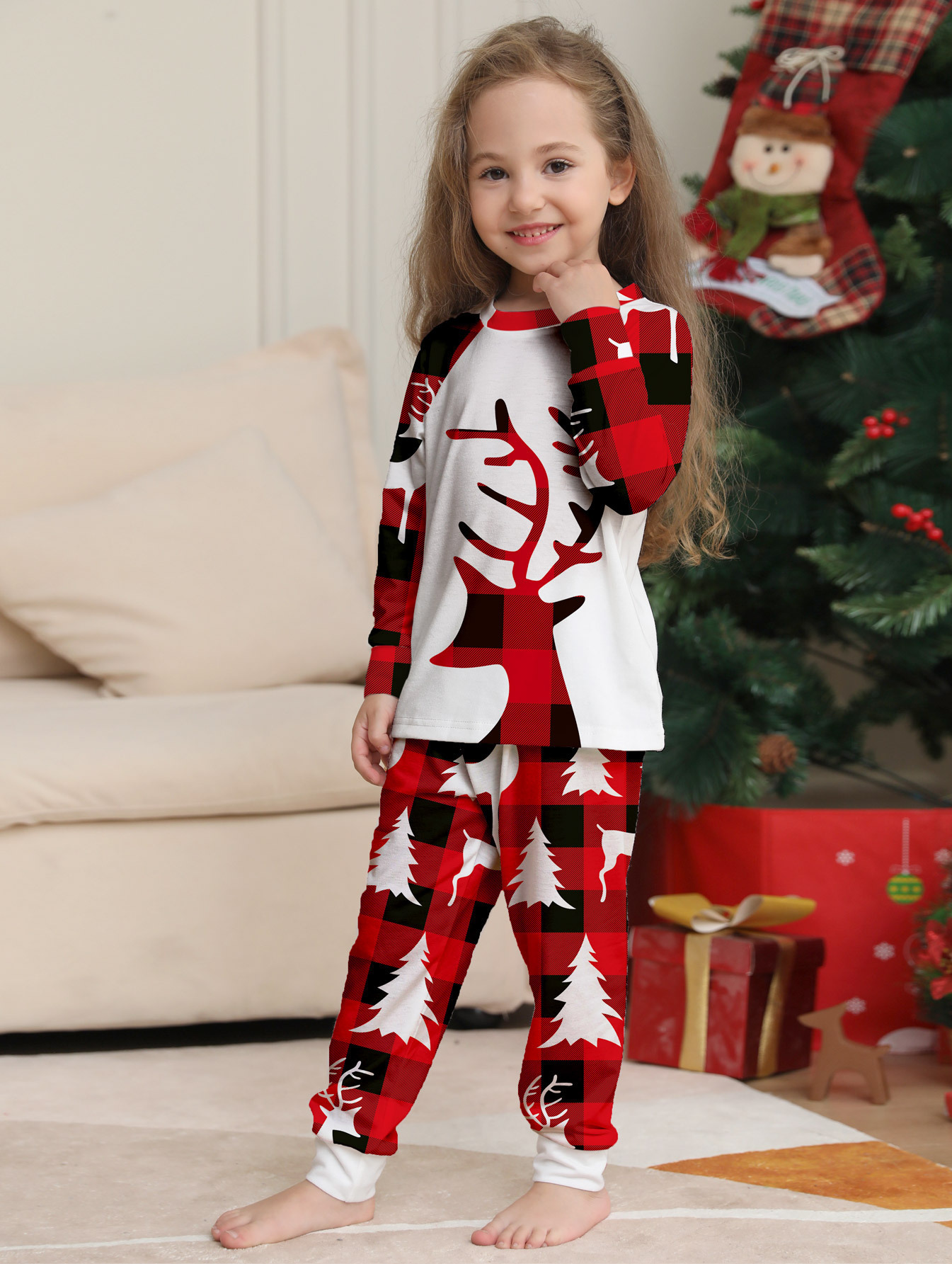 Matching Christmas Pajamas Deer Plaid Long-sleeve Pajamas Sets