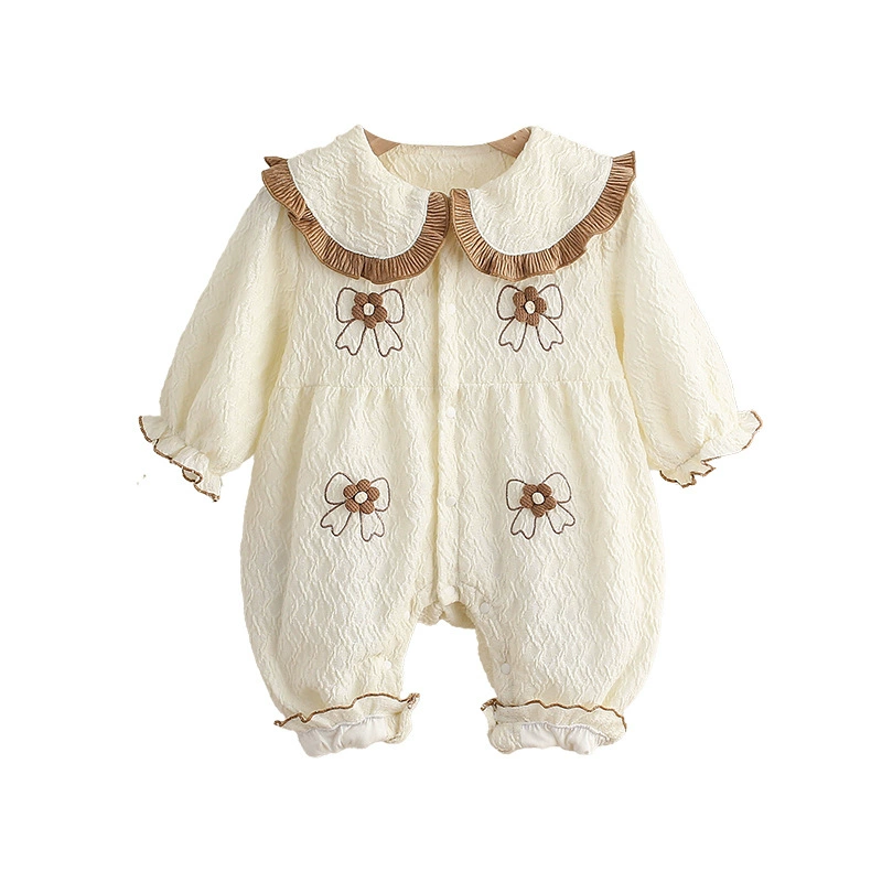 Baby Girl Brown Trimmed Collar and Bow Embroidery Romper