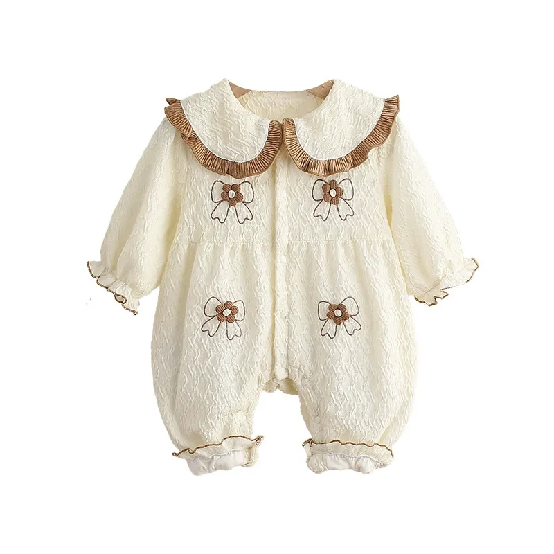 Baby Girl Brown Trimmed Collar and Bow Embroidery Romper