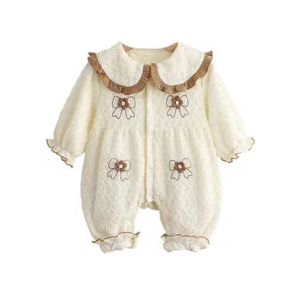 Baby Girl Brown Trimmed Collar and Bow Embroidery Romper